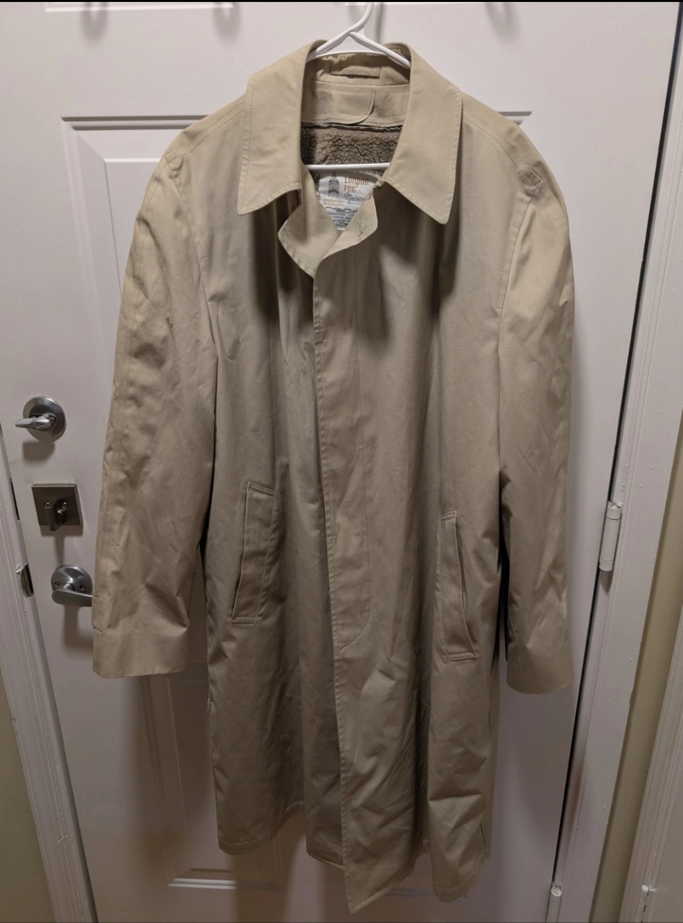 Vintage London Fog Mens Trench Coat Zip Out Faux Fur Liner Khaki Beige Size 44L